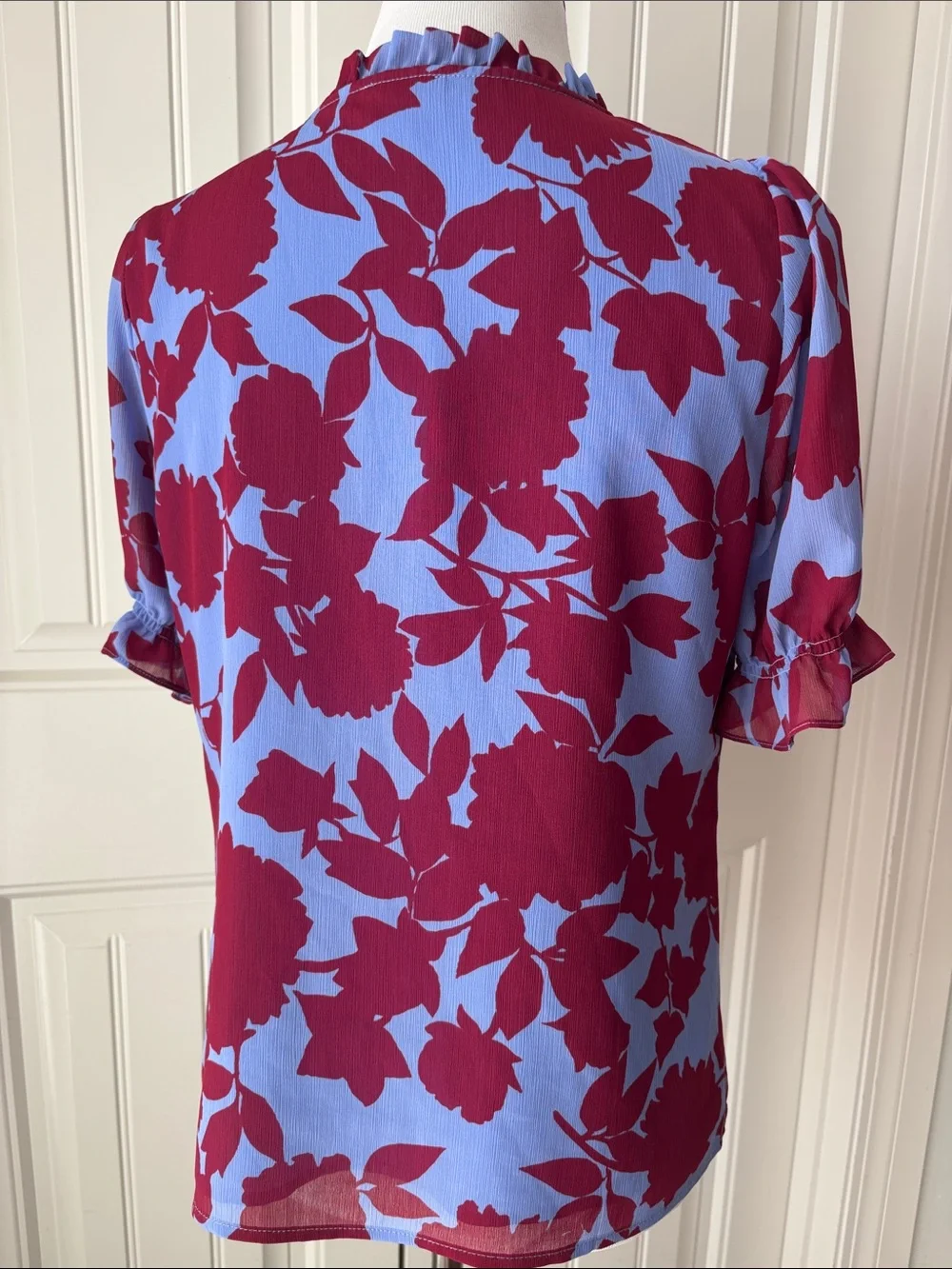 Women's Floral Tie-Neck Blouse in Blue and Burgundy